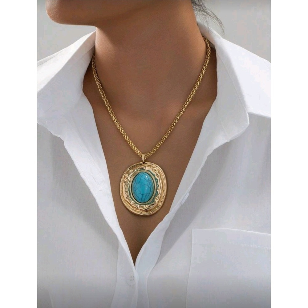Gold Chain Necklace Turquoise Stone Pendant Statement Fashion Jewelry‎